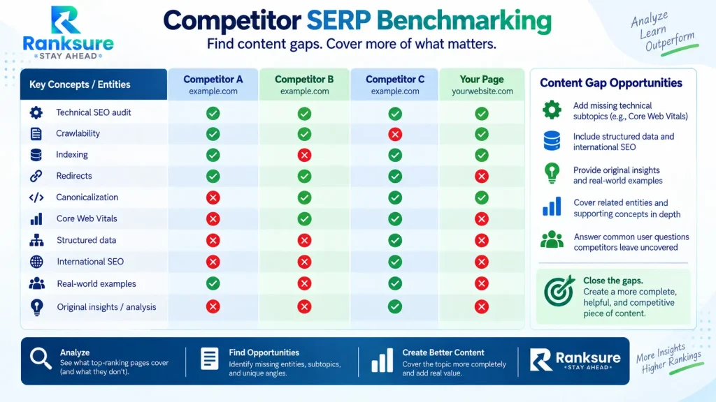 competitor serp benchmarking for shared entities and terms